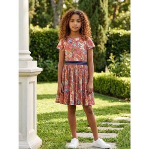 Molo Rust Floral Short-Sleeve Dress with Navy Waistband Candy